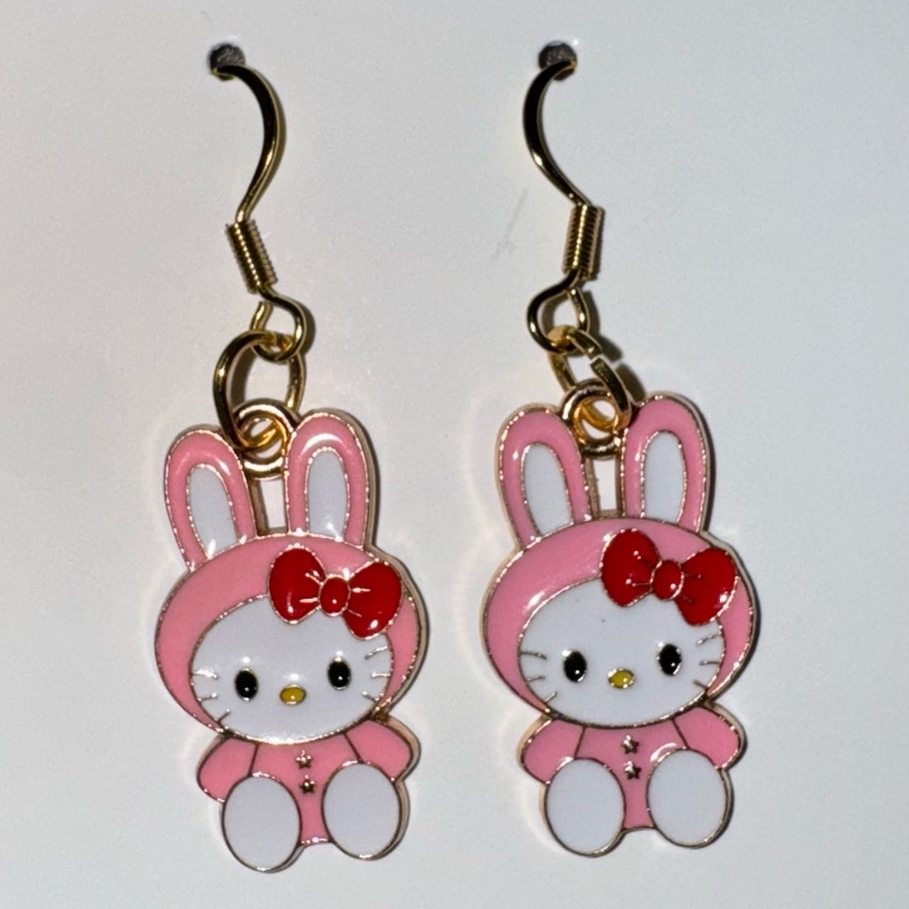 Handmade Hello Kitty In a Bunny Onesie Drop Earrings